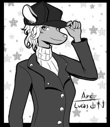  ambiguous_gender anthro arc_rose clothed clothing coat digital_drawing_(artwork) digital_media_(artwork) ear_piercing ear_ring greyscale hair hat headgear headwear looking_at_viewer mammal monochrome murid murine pattern_background piercing rat ring_piercing rodent simple_background solo star-shaped_background suit_jacket sweater tipping_hat topwear turtleneck white_hair 