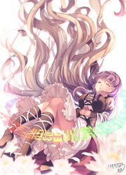  black_footwear blonde_hair boots breasts closed_eyes commentary_request cross-laced_clothes dress female flower gradient_hair highres hijiri_byakuren juliet_sleeves kemo_chiharu knee_boots large_breasts layered_dress long_hair long_sleeves lotus multicolored_hair open_mouth petals puffy_sleeves purple_hair solo sorcerer&#039;s_sutra_scroll touhou turtleneck turtleneck_dress two-tone_hair wavy_hair white_dress 