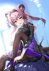  animal_ear_fluff animal_ears arknights ass black_dress black_footwear black_hairband blurry blurry_background boots brown_hair brown_pantyhose commentary_request day depth_of_field dress feet_out_of_frame female hairband hellnyaa indoors lin_(arknights) long_hair long_sleeves looking_at_viewer open_mouth pantyhose sidelocks solo sunlight tail twintails wide_sleeves window 