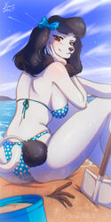  absurd_res accessory anthro ass back-tie_bikini back-tie_clothing back-tie_swimwear beach bikini bikini_bottom bikini_top black_hair bow_ribbon breasts brown_eyes canid canine canis chromatic_aberration clothing cloud curled_hair day detailed_background digital_media_(artwork) domestic_dog female fluffy_ears furgonomic_swimwear furgonomics hair hair_accessory hair_ribbon hairbow hi_res mammal neon-chan outside poodle princess princess_(nicoya) rear_view ribbons royalty sand sea seaside shovel sky smile solo summer swimwear tools water white_body 