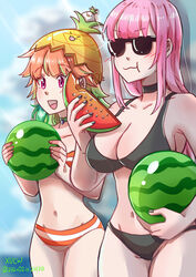  2girls absurdres bikini breasts day earrings eating feather_earrings feathers food fruit gradient_hair green_hair highres holding holding_food holding_fruit holding_watermelon hololive hololive_english jewelry large_breasts long_hair mori_calliope multicolored_hair multiple_girls open_mouth orange_hair pineapple pink_hair smile suika_game swimsuit takanashi_kiara virtual_youtuber watermelon watermelon_seeds watermelon_slice xu_chin-wen 