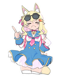  &gt;_&lt; animal_ears bell blonde_hair blue_sailor_collar blue_skirt blush_stickers breasts center_frills colored_inner_hair cropped_legs crying detached_sleeves disgaea eyewear_on_head facing_viewer female frills frown hair_bell hair_ornament hairclip hand_on_own_hip hand_up high-waist_skirt highres index_finger_raised kokaki_mumose long_hair makai_senki_disgaea_7 medium_breasts miniskirt multicolored_hair neck_bell neckerchief pink_hair pink_neckerchief pirilika_(disgaea) pointy_ears round_eyewear sailor_collar short_sleeves shoulder_strap simple_background single_sidelock skirt solo sunglasses tail thigh_gap thighhighs underbust v-shaped_eyebrows wavy_hair white_background white_thighhighs zettai_ryouiki 