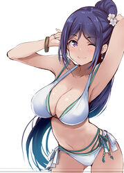  armpits arms_up bangle bare_shoulders bikini bracelet breasts cleavage closed_mouth collarbone commentary_request cowboy_shot female gengoroh highres jewelry large_breasts layered_bikini leaning_forward light_blush looking_at_viewer love_live! love_live!_sunshine!! matsuura_kanan navel one_eye_closed parted_bangs ponytail presenting_armpit purple_eyes purple_hair side-tie_bikini_bottom simple_background smile solo stomach swimsuit white_background 