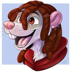  1:1 2019 anthro brown_eyes brown_hair clothing dreadlocks ear_piercing fur fur_markings hair headshot_portrait hi_res hoodie looking_away male mammal markings murid murine open_mouth piercing portrait rat rathew_(bomba) red_clothing red_hoodie red_topwear rodent simple_background smile solo tan_body tan_fur tongue topwear waywardmutt 