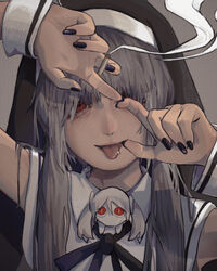  absurdres aegyo_sal aimaina alternate_costume alternate_eye_color alternate_hair_color arm_up between_fingers black_nails capelet cigarette commentary creature female grey_background grey_hair habit hair_over_shoulder halftone hand_up hatsune_miku highres holding holding_cigarette index_fingers_together kamippoina_(vocaloid) long_hair looking_at_viewer mikasamu nun one_eye_covered piercing portrait red_eyes ringed_eyes sleeveless smile smoke_trail tongue tongue_out tongue_piercing twintails vocaloid white_capelet wrist_cuffs 