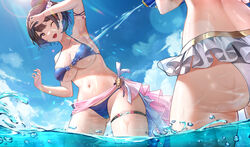  2girls :d absurdres air_bubble arm_up armband armpits ass ass_visible_through_thighs back bikini black_hair blue_bikini blue_sky breasts brown_dust_2 brown_hair bubble chinese_commentary cleavage cloud collarbone commentary_request day frilled_bikini frills highres justia_(brown_dust) justia_(pool_party)_(brown_dust) large_breasts lens_flare looking_at_another multiple_girls one_eye_closed outdoors partially_submerged sarong scheherazade_(brown_dust) scheherazade_(pool_party)_(brown_dust) shuiruoqing sky smile splashing standing swimsuit teeth thigh_strap thighs underboob upper_teeth_only wading water_drop wet white_bikini 