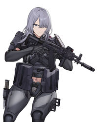  ak-15 ak-15_(girls&#039;_frontline) ak-15_(mod3)_(girls&#039;_frontline) ammunition_pouch assault_rifle belt_pouch body_armor female girls&#039;_frontline grey_hair gun hair_over_one_eye handgun highres holding holding_gun holding_weapon holstered kalashnikov_rifle knife_sheath la13 pouch rifle sheath tactical_clothes weapon white_background 