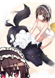  absurdres animal bathing black_fur blackas_shadow_prince blush breasts brown_hair female highres keigen_hichou kneeling maid_headdress naked_towel red_eyes seiken_gakuin_no_maken_tsukai shary_corvette short_hair small_breasts soap_bubbles tail tail_wagging towel wolf yellow_eyes 