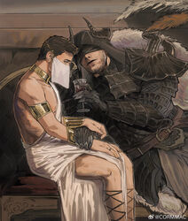  2boys adios armlet armor bara black_armor black_blindfold blindfold copyright_request couch cup demon_horns drinking_glass feeding feet_out_of_frame gauntlets hand_on_another&#039;s_arm highres horns looking_ahead male_focus mature_male mouth_veil multiple_boys on_couch pauldrons pelvic_curtain short_hair shoulder_armor sitting thick_eyebrows veil wine_glass yaoi 