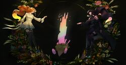  2girls absurdres black_background black_dress black_hair branch brown_hair choroskiart closed_eyes crystal dress final_fantasy final_fantasy_xiv flower gaia_(ff14) highres long_hair multiple_girls outstretched_arms rainbow ryne_waters thighhighs white_dress 