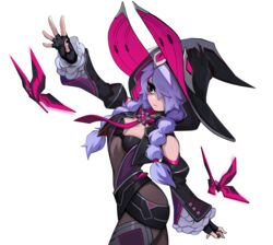  absurdres black_eyes bodysuit breasts bug butterfly cleavage detached_sleeves era_(omega_strikers) expressionless female fingerless_gloves gloves hat highres light_frown liyart official_art omega_strikers purple_hair solo transparent_background twintails witch_hat 