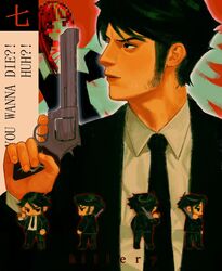  1boy angel_(killer7) black_eyes black_hair black_jacket black_necktie black_suit chibi chibi_inset collared_shirt copyright_name dan_smith english_text female formal gun highres holding holding_gun holding_weapon jacket killer7 male_focus multiple_views necktie outline parted_lips perzhik1 pixelated profile red_outline revolver shirt short_hair sideburns suit taurus_model_44 trigger_discipline upper_body weapon white_outline white_shirt 