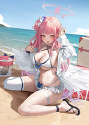  :d absurdres alternate_costume angel_wings arm_up beach bikini bikini_skirt black_choker blue_archive blue_sky breasts choker cleavage criss-cross_halter feet female flip-flops flower full_body hair_bun hair_flower hair_ornament halo halterneck highres large_breasts legs leviathan_(hikinito0902) long_hair long_sleeves looking_at_viewer low_wings mika_(blue_archive) navel ocean open_clothes open_shirt outdoors pink_hair pink_halo sandals shirt single_side_bun single_thighhigh sitting sky smile solo swimsuit thigh_strap thighhighs toes very_long_hair wariza water white_bikini white_shirt white_thighhighs wings yellow_eyes 