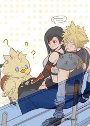  ... 1boy 1other ? bench bird black_hair blonde_hair blush chick chocobo cloud_strife female final_fantasy final_fantasy_vii final_fantasy_vii_rebirth final_fantasy_vii_remake gauntlets gloves hands_on_own_knees highres implied_sex mixed-language_commentary nervous nikuya_(nikuya888) single_arm_guard single_gauntlet single_shoulder_pad sitting sitting_on_lap sitting_on_person sleeveless sleeveless_turtleneck spoken_ellipsis suspenders thighhighs tifa_lockhart turtleneck 