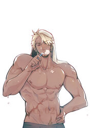  1boy abs absurdres bara bdy02 blonde_hair brushing_teeth dark-skinned_male dark_skin eugene_kidd head_tilt highres large_pectorals male_focus mature_male muscular muscular_male navel navel_hair nipples one_eye_closed original pectorals red_eyes sample_watermark scar scar_on_chest short_hair solo stomach thick_eyebrows topless_male watermark 