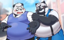  abstract_background anthro bear black_body black_fur canid clothed clothing diru11 duo embarrassed eyewear fur giant_panda glasses hair hi_res holding_leg kokuba_hoeguro male male/male mammal obese overweight overweight_male sasayama_akira smile 