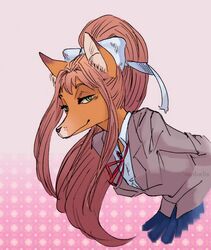  2018 abstract_background accessory alternate_species anthro blue_bottomwear blue_clothing blue_skirt bottomwear bow_ribbon canid canine carduelis clothed clothing dipstick_ears doki_doki_literature_club! dress_shirt ear_markings eyebrows female fox fur furrification green_eyes grey_clothing grey_shirt grey_topwear hair hair_accessory hair_ribbon hairbow half-closed_eyes hi_res mammal monika_(doki_doki_literature_club!) multicolored_ears narrowed_eyes pink_hair red_body red_fur red_hair ribbons shirt skirt team_salvato topwear white_clothing white_shirt white_topwear 