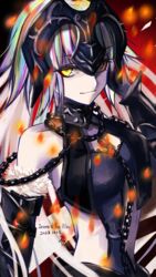  bare_shoulders black_dress breasts chains character_name clothing_cutout commentary dated detached_sleeves dress fate/grand_order fate_(series) female fire fur-trimmed_sleeves fur_trim gauntlets headpiece highres jeanne_d&#039;arc_alter_(avenger)_(fate) jeanne_d&#039;arc_alter_(avenger)_(third_ascension)_(fate) jeanne_d&#039;arc_alter_(fate) long_hair looking_at_viewer medium_breasts pale_skin shirt smile solo tsukaasa very_long_hair white_shirt yellow_eyes 