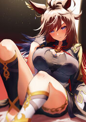  ahoge animal_ears asymmetrical_footwear asymmetrical_sleeves black_footwear black_gloves black_jacket blurry blurry_foreground blush breasts brown_hair closed_mouth commentary_request duramente_(umamusume) ear_ornament earrings female gloves hair_between_eyes highres horse_ears horse_girl horseshoe_ornament jacket jewelry kitsune_yuki large_breasts long_hair long_sleeves looking_at_viewer mismatched_footwear multicolored_hair on_ground open_mouth partial_commentary purple_eyes single_earring solo streaked_hair thigh_strap umamusume v-shaped_eyebrows white_footwear white_hair 