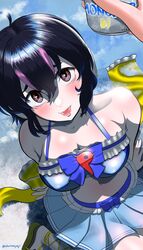  aburaeoyaji bare_shoulders beach black_hair blush breasts female headphones highres humboldt_penguin_(kemono_friends) kemono_friends kemono_friends_v_project looking_at_viewer multicolored_hair navel open_mouth penguin_girl purple_hair red_eyes ribbon short_hair summer swimsuit two-tone_hair virtual_youtuber 