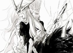  2boys absurdres aldrich_devourer_of_gods alternate_form blood blood_from_mouth blush bone bracelet brothers covered_mouth crown dark_souls_(series) dark_souls_iii dark_sun_gwyndolin dress fur-trimmed_sleeves fur_trim greyscale highres hug impaled jewelry long_hair male_focus monochrome monster monster_boy multiple_boys nameless_king otoko_no_ko scarf siblings spiked_helmet teeth torn_clothes torn_scarf weapon zunkome 