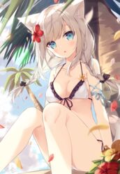  animal_ears blue_sky bow braid breasts female flower french_braid grey_hair hibiscus highres hoshi_(snacherubi) original sky solo swimsuit white_hair 