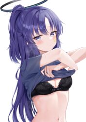  black_bra blue_archive blue_eyes blue_shirt blush bra breasts cleavage clothes_lift female gym_uniform halo highres long_hair looking_at_viewer mechanical_halo medium_breasts midriff mochiko_(uyu_omochi) navel official_alternate_costume ponytail purple_eyes purple_hair shirt shirt_lift short_sleeves simple_background solo star_sticker sticker_on_face sweat underwear undressing white_background yuuka_(blue_archive) yuuka_(track)_(blue_archive) 