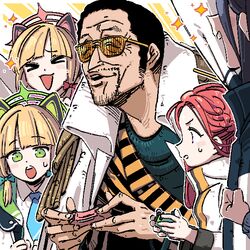  &gt;_&lt; 1boy 4girls animal_ear_headphones animal_ears aris_(blue_archive) black_hair blonde_hair blue_archive blue_necktie borsalino_(kizaru) braid cat_ear_headphones clenched_hand closed_eyes collared_shirt controller crossover epaulettes facial_hair fake_animal_ears game_development_department_(blue_archive) green_eyes halo headphones holding holding_controller jacket kingbawoon long_hair mature_male midori_(blue_archive) military_uniform momoi_(blue_archive) multicolored_clothes multicolored_jacket multiple_girls necktie one_piece open_mouth red_hair school_uniform shirt siblings sisters sparkle striped_clothes striped_jacket sunglasses sweat teeth twins two-tone_jacket uniform upper_teeth_only vertical-striped_clothes vertical-striped_jacket white_jacket white_shirt yuzu_(blue_archive) 