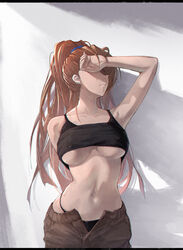  absurdres arm_up beatrix_(granblue_fantasy) black_panties black_tank_top breasts brown_hair brown_pants clothes_lift collarbone covering_own_eyes facing_to_the_side female granblue_fantasy highres large_breasts long_hair navel open_pants panties pants panty_peek ponytail shadow shirt_lift simple_background solo tank_top underboob underwear yu_pian 