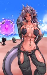  2girls absurdres bare_shoulders beach bikini black_bikini black_pants blue_sky breasts brown_eyes cleavage clothing_cutout cloud collarbone commentary dark_skin day dragon_girl eyewear_on_head g_(genesis1556) grey_hair groin hair_between_eyes hand_up highres horns huge_breasts large_breasts long_hair looking_at_viewer mia_(g_(genesis1556)) monster_girl multiple_girls navel ocean original outdoors pants ryuuga_(g_(genesis1556)) sacabambaspis shadow sidelocks sky smoking_pipe solo_focus standing stomach sunglasses swimsuit tail thigh_cutout thighs untied_bikini untied_bikini_top water 