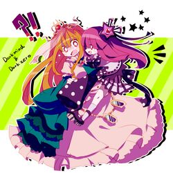  !? 2girls black_footwear black_ribbon blush breasts bright_pupils brown_hair character_name commentary_request crying crying_with_eyes_open dark_mind dark_nebula dress hair_ornament kirby_(series) large_breasts long_dress long_hair long_sleeves multiple_girls neck_ribbon no_nose open_mouth personification polka_dot polka_dot_ribbon purple_hair red_eyes ribbon skirt sleeves_past_fingers sleeves_past_wrists smile socks star_(symbol) star_hair_ornament striped_clothes striped_skirt tears usagi_nui vertical-striped_clothes vertical-striped_skirt white_dress white_pupils white_skirt white_socks wide_sleeves 