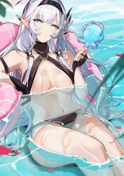  absurdres bare_shoulders bikini black_bikini black_gloves black_hairband blue_archive breasts changpan_hutao cleavage closed_mouth feet_out_of_frame female flower food gloves grey_hair hair_flower hair_ornament hairband highres himari_(blue_archive) holding holding_food large_breasts long_hair looking_at_viewer mole mole_under_eye navel partially_fingerless_gloves partially_submerged petals pointy_ears popsicle sitting smile solo swimsuit very_long_hair water white_flower 