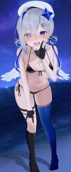  :d \||/ adapted_costume amane_kanata amane_kanata_(work) angel_wings asymmetrical_legwear bare_arms bare_shoulders beret bikini black_bikini black_gloves black_socks blue_hair blue_thighhighs blush breasts collarbone feathered_wings female front-tie_bikini_top front-tie_top full_body gloves grey_hair groin halterneck hand_on_own_knee hand_to_own_mouth hat highres hololive jewelry leaning_forward looking_at_viewer medium_hair mini_wings mismatched_legwear multicolored_hair navel necklace night no_shoes nose_blush open_mouth outdoors partially_fingerless_gloves pov purple_eyes side-tie_bikini_bottom single_hair_intake sky small_breasts smile socks solo standing star_(symbol) star_necklace stomach streaked_hair swimsuit teeth thigh_strap thighhighs thighs tojo_aoi uneven_legwear upper_teeth_only virtual_youtuber water wet white_hat white_wings wings 