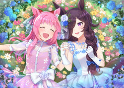  2girls alternate_costume alternate_hairstyle animal_ears back_bow blue_bow blue_dress blue_flower blue_rose blush bow braid braided_ponytail brown_hair chikabo_m closed_eyes commentary_request dress ear_flower flower gloves grass hair_down hair_over_one_eye haru_urara_(umamusume) holding_hands horse_ears horse_girl horse_tail jewelry multiple_girls necklace on_ground pink_dress pink_hair purple_eyes red_bow rice_shower_(umamusume) rose smile tail twitter_username umamusume veil white_gloves 