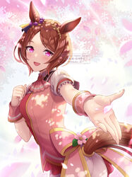  animal_ears ascot blush bow brown_hair cherry_blossoms chikabo_m commentary_request ear_ornament falling_petals female flower_in_eye hair_ornament hand_on_own_chest horse_ears horse_girl horse_tail looking_at_viewer open_mouth outstretched_hand parted_bangs petals pink_ascot pink_bow pink_eyes puffy_short_sleeves puffy_sleeves sakura_laurel_(umamusume) short_hair short_sleeves smile solo symbol-shaped_pupils symbol_in_eye tail tail_through_clothes twitter_username umamusume wrist_cuffs 