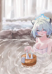  absurdres animal_ears blue_archive blue_halo blush breasts cleavage collarbone female green_hair hair_between_eyes halo highres large_breasts naked_towel official_alternate_costume onsen open_mouth partially_submerged purple_eyes shigure_(blue_archive) shigure_(hot_spring)_(blue_archive) short_hair smile solo tokkuri towel water weasel_ears white_towel yoshi-j 