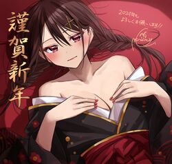  bare_shoulders black_kimono blush braid breasts brown_hair chigusa_minori cleavage closed_mouth collarbone commentary_request female hair_between_eyes hair_ornament hands_on_own_breasts happy_new_year heart heart-shaped_pupils highres japanese_clothes kimono kokoro_iroduku_koi_ga_shitai long_hair low_twin_braids medium_breasts mole mole_on_arm mole_on_breast momiji_ayaka nail_polish obi off_shoulder red_eyes red_nails sash shadow solo symbol-shaped_pupils translation_request twin_braids upper_body x_hair_ornament 