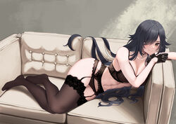  abs bare_shoulders black_bra black_garter_belt black_gloves black_hair black_panties blush bra breasts brown_eyes cleavage collarbone commentary_request commission couch female full_body garter_belt gloves hair_over_one_eye highres lace lace_trim large_breasts lingerie long_eyelashes long_hair looking_at_viewer lounging lying navel no_shoes on_side original panties ramachiru sera_(judgemint) skeb_commission skindentation smile solo thighhighs underwear underwear_only very_long_hair 