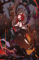  arknights arms_at_sides belt black_coat black_dress breasts closed_mouth coat coat_partially_removed detached_collar dress female head_tilt highres horns hu_tu lava long_hair looking_at_viewer medium_breasts purple_eyes red_hair sidelocks sleeveless sleeveless_dress solo standing surtr&#039;s_golem_(arknights) surtr_(arknights) sword weapon 