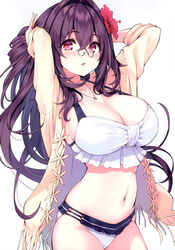  absurdres arms_behind_head arms_up bikini blush breasts cleavage collarbone cu-no female flower glasses hair_flower hair_ornament hibiscus highres hisen_kaede jacket jewelry kokonoe_tamaki large_breasts long_hair long_sleeves looking_at_viewer navel necklace open_clothes open_jacket open_mouth purple_eyes red_eyes scan stomach swimsuit thighs white_background 