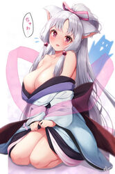  :3 animal_ears back_bow bare_shoulders blush bow breasts catchphrase cleavage clothes_grab clothes_lift commentary eyelashes female flying_sweatdrops full_body grabbing hair_bobbles hair_ornament hair_ribbon head_tilt highres huge_breasts japanese_clothes kimono kimono_lift kimono_pull long_hair looking_at_viewer nekopan_mashiro nhk_(voiceroid) no_bra off_shoulder open_mouth outside_border parted_bangs pink_eyes pink_ribbon ponytail pulling_own_clothes ribbon sidelocks simple_background sitting smile solo spirit straight_hair touhoku_itako translated very_long_hair voiceroid white_background white_hair white_kimono 