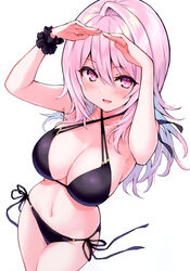  absurdres bare_shoulders bikini black_bikini blush breasts cleavage collarbone criss-cross_halter cu-no female fingernails halterneck hands_up highres hisen_kaede large_breasts lips long_hair looking_at_viewer navel open_mouth pink_hair purple_eyes scan scrunchie side-tie_bikini_bottom smile solo stomach string_bikini swimsuit thighs white_background wrist_scrunchie yayoi_sakura 