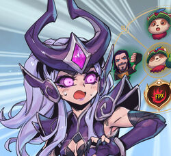  center_opening colored_sclera female fingernails glowing glowing_eyes grey_hair league_of_legends long_hair open_mouth phantom_ix_row purple_eyes purple_sclera sharp_fingernails sidelocks solo sweatdrop sylas_(league_of_legends) syndra teemo upper_body 