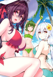  3girls absurdres ahoge arm_up ass bare_shoulders bikini blue_sky blush breasts brown_hair butt_crack cleavage cloud cloudy_sky cu-no day flat_chest flower green_eyes green_hair hair_flower hair_ornament halterneck hat hibiscus highres hisen_kaede kokonoe_tamaki large_breasts lips long_hair looking_at_viewer looking_back medium_breasts multiple_girls navel nonono_futaba one_eye_closed open_mouth outdoors palm_leaf palm_tree parted_lips rapua_qive red_eyes scan sitting sky smile stomach sun_hat swimsuit thighs tree white_hair yellow_eyes 