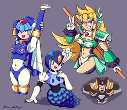  1boy 3girls android bass_(mega_man) blonde_hair blue_eyes breasts commentary crop_top english_commentary fairy_leviathan_(mega_man) hands_on_own_head helmet highres marty_(mega_man) mega_man_(classic) mega_man_(series) mega_man_x_(manga) mega_man_x_(series) mega_man_zero_(series) meme mermaid monster_girl multiple_girls navel one_eye_closed purple_eyes shocked_black_guy_(meme) simple_background splash_woman stretching surrealmason upper_body v 