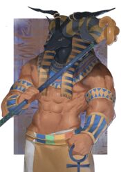  1boy abs animal_head ankh bara cowboy_shot curled_horns dark_skin deer_head dougaku_(passionpit777) egyptian egyptian_mythology highres holding holding_staff horns khnum large_pectorals male_focus mixed_horns multiple_horns muscular muscular_male navel pectorals solo staff standing stomach topless_male v-taper 