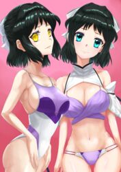  2girls absurdres bare_arms bare_legs black_hair blue_eyes bow bra breasts closed_mouth coat covered_navel dual_persona hairbow highres kohinata_miku large_breasts long_hair looking_at_viewer medium_hair multiple_girls navel one-piece_swimsuit panties parted_lips pink_background purple_bra purple_one-piece_swimsuit purple_panties senki_zesshou_symphogear shem-ha sidelocks swimsuit underwear white_bow white_one-piece_swimsuit yagikan_(caru2338) yellow_eyes 