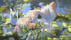  barefoot bug butterfly dress female flower gejiandenghuo hair_spread_out highres lily_pad lying lying_on_branch on_back original pink_eyes summer water water_lily_flower white_dress white_hair 