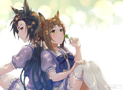  2girls air_shakur_(umamusume) animal_ears back_bow black_hair blurry blurry_background blush bow brown_hair chikabo_m closed_mouth clover clover_hair_ornament commentary_request ear_ornament fine_motion_(umamusume) green_eyes hair_ornament holding holding_clover horse_ears horse_girl knees_up long_hair multiple_girls petticoat pleated_skirt puffy_short_sleeves puffy_sleeves purple_bow sailor_collar school_uniform short_sleeves skirt smile summer_uniform thighhighs tracen_school_uniform twitter_username umamusume very_long_hair white_skirt white_thighhighs yellow_eyes 