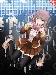  :o black_thighhighs blunt_bangs breasts brown_jacket brown_skirt danganronpa_(series) danganronpa_3_(anime) female flipped_hair handheld_game_console hands_up holding holding_handheld_game_console hope&#039;s_peak_academy_school_uniform jacket kirin_(suzoke_1) large_breasts nanami_chiaki neck_ribbon no_hair_ornament open_clothes open_jacket pink_eyes pleated_skirt ribbon school_uniform shirt shirt_tucked_in shoes skirt solo teeth thighhighs upper_teeth_only 